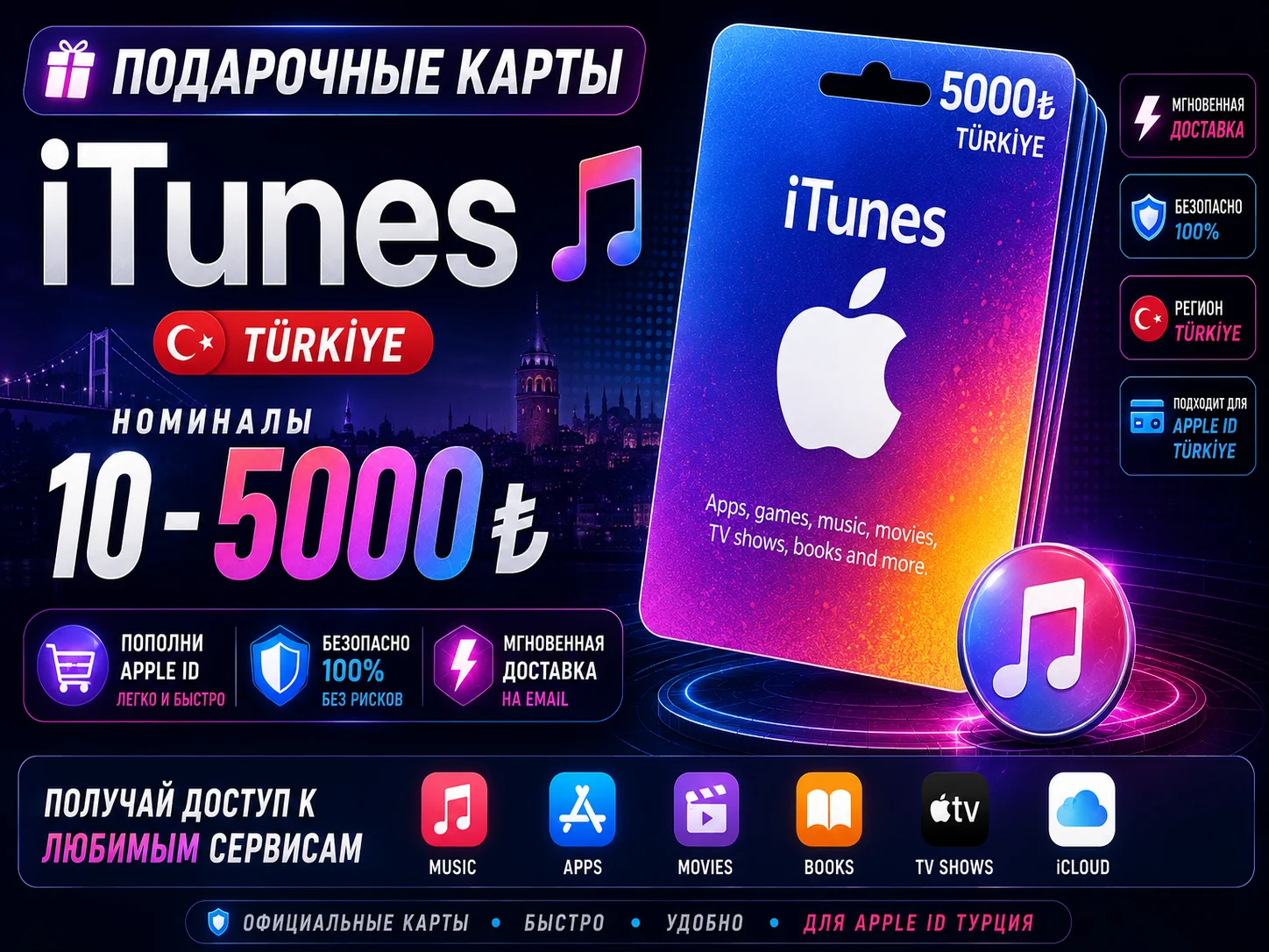 Apple iTunes (Турция) 10-5000 TRY Подарочная Карта | AppStore