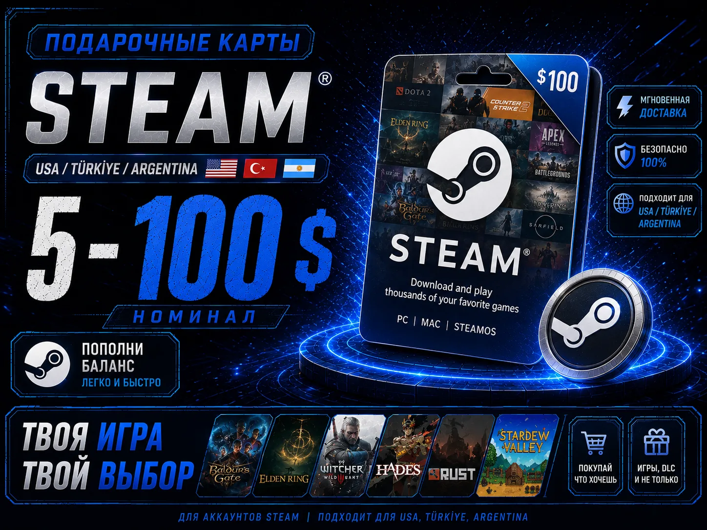 Подарочная карта Steam 5-100$ Турция/США/Аргентина